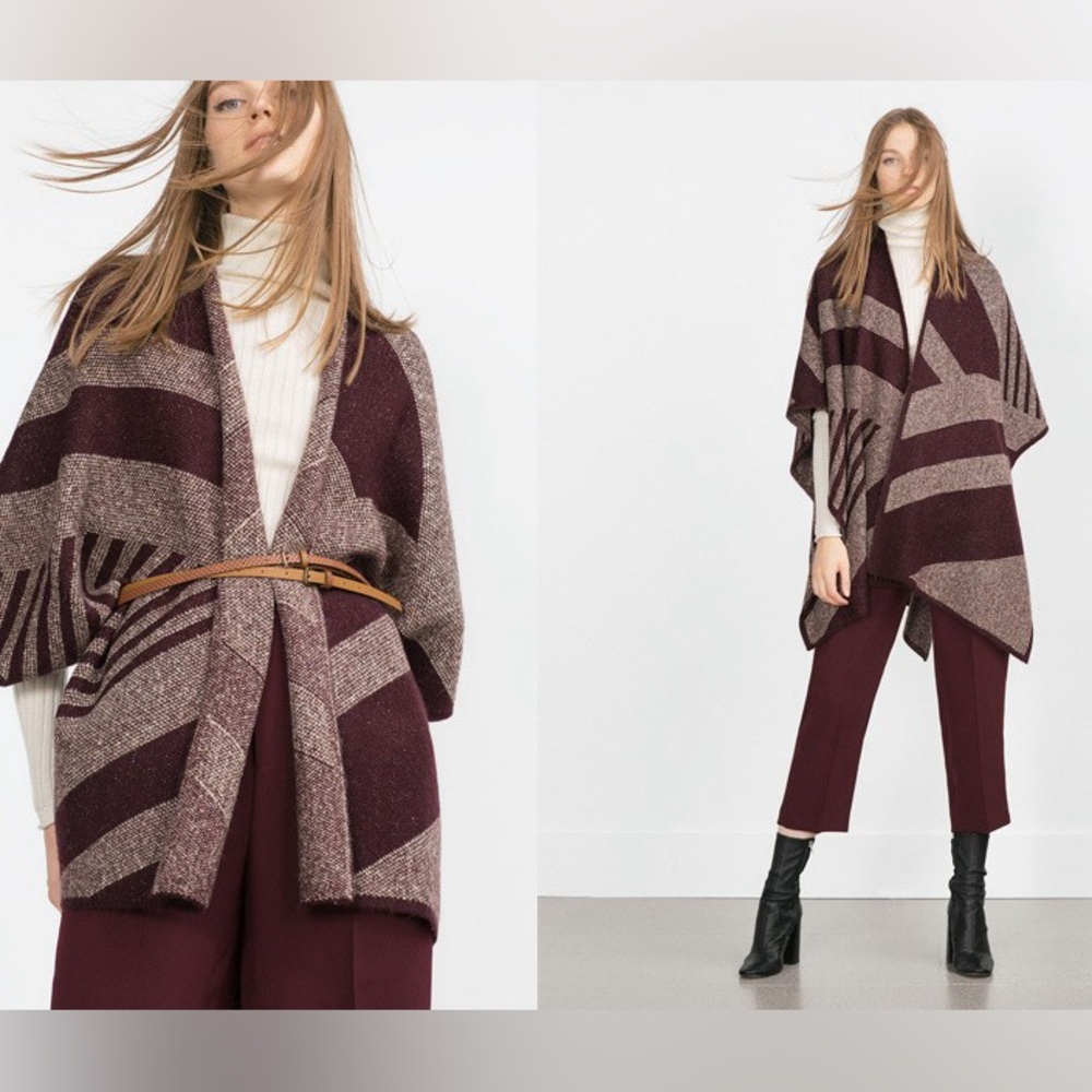 Zara Coat Zara Knit Poncho Geometric Print Maroon Size‎ M